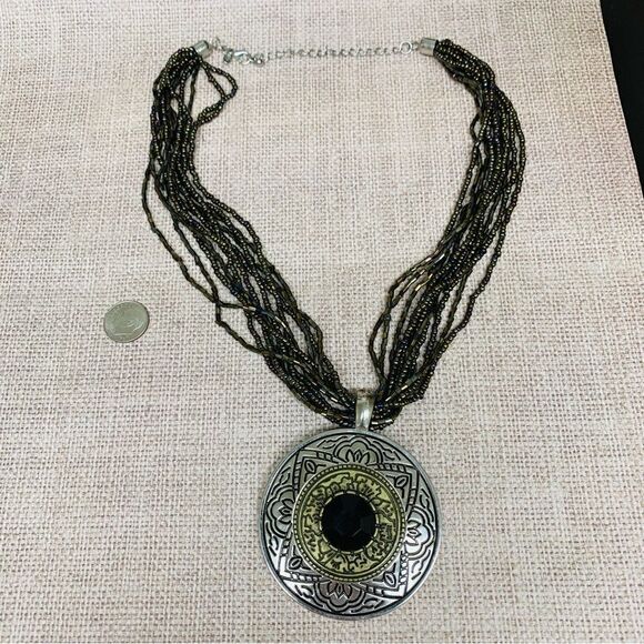 Premier Designs Gold Silver Etched Medallion Multi Strand Beaded Necklace - Picture 1 of 3
